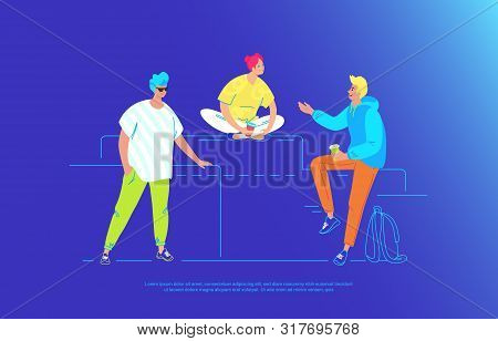 Casual Friends Talking And Smiling Together. Gradient Vector Illustration Of Three Young Teenegers A