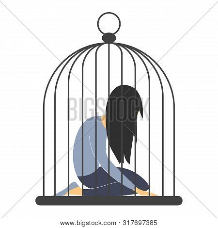 Sad Woman In The Cage. Man Abuse Woman