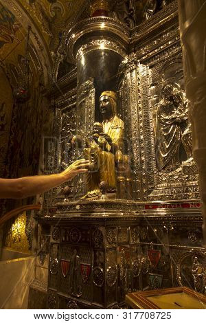 Montserrat, Spain, June 23, 2019: Statue Of Our Lady Of Montserrat, Aka Our Lady Of Montserrat, Aka 