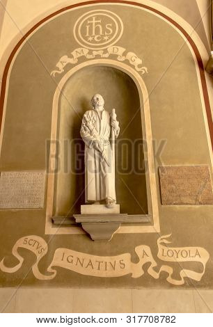 Montserrat, Spain, June 23, 2019: Figure Of Saint Ignatius Loyola In The  Benedictine Monastery In M