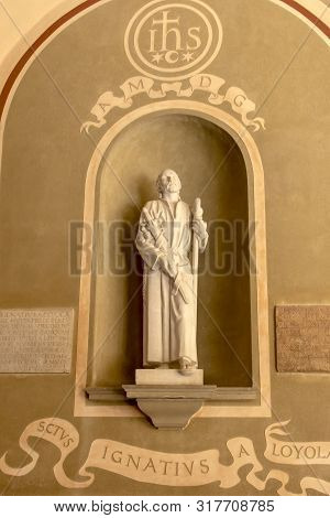 Montserrat, Spain, June 23, 2019: Figure Of Saint Ignatius Loyola In The  Benedictine Monastery In M