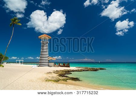 Heart Shaped Cloud Over Lighthouse On The Beach Of The Caribbean, Dominican Republic, Bayahibe - Lov