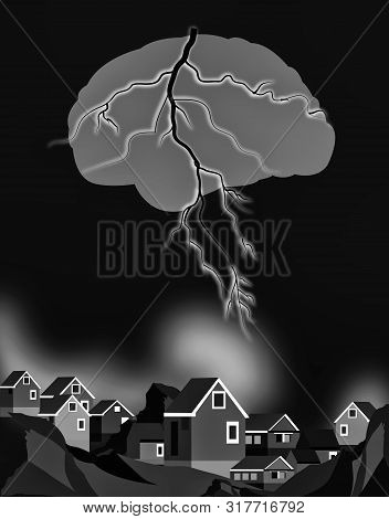 Illustration Of A Brain In Form Of A Lightning Striking Over The Houses