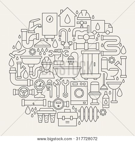 Plumbing Line Icons Circle. Vector Illustration Of Repair Outline Objects.