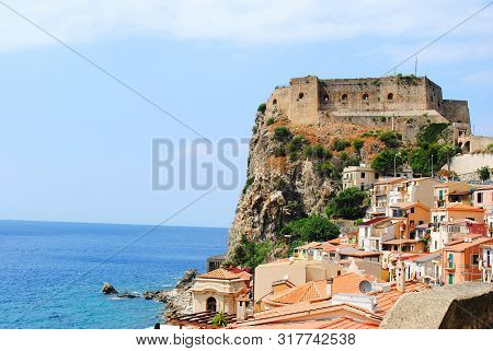Seaside Town Scilla With Old Medieval Castle On Rock Castello Ruffo. Mediterranean Tyrrhenian Sea Co