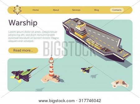 Banner With Warship Floating In Sea And Military Jets Flying To Land On Ship Platform. Isometric Bat