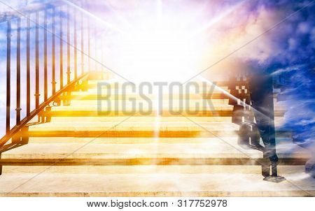 Steps Leading Up To The Sun. Way To God . Bright Light From Heaven . Religious Background . Beautifu