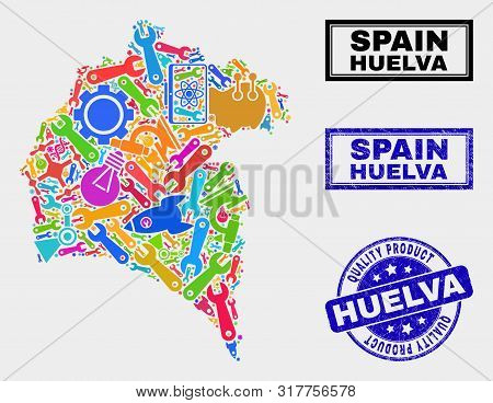 Vector Combination Of Tools Huelva Province Map And Blue Seal For Quality Product. Huelva Province M