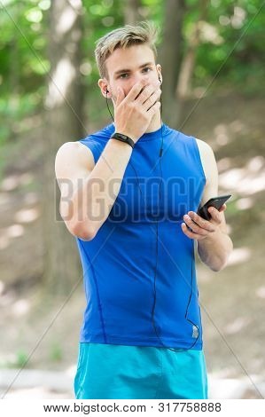Set Up Route For Run Using Application. Man Smartphone Ready To Start Jog. Training With Sport Appli