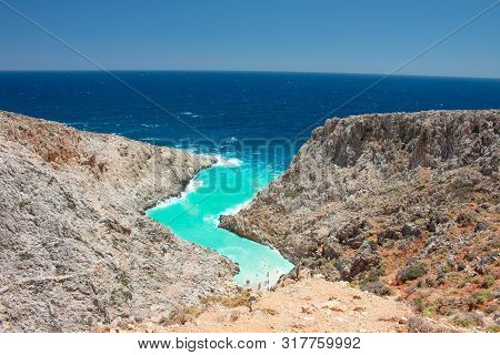 Seitan Limania Beach On Crete, Greece. Travel Tourism Wide Panorama Background Concept. Beautiful Be