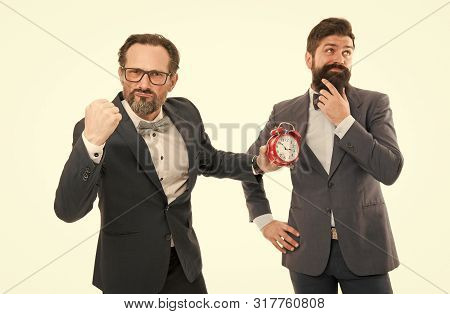 Punish For Not Punctuality. Business People Formal Clothes Having Different Opinion About Time. Time