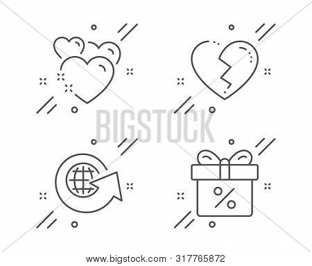 Heart, World Globe And Broken Heart Line Icons Set. Discount Offer Sign. Love, Around The World, Lov