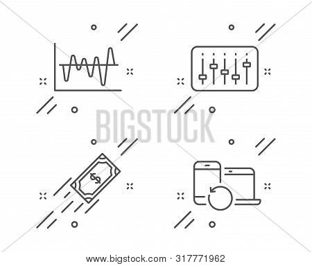 Fast Payment, Dj Controller And Stock Analysis Line Icons Set. Recovery Devices Sign. Finance Transf