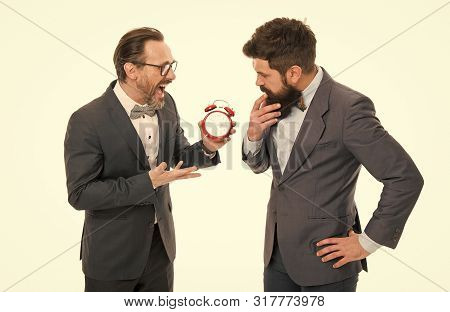 Encourage Discipline. Business People Formal Clothes Having Different Opinion About Time. Time Manag