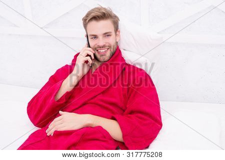 Mobile Call. Communication Mobile Phone. Good News Concept. Good Morning. Hipster Guy Pajamas Bathro
