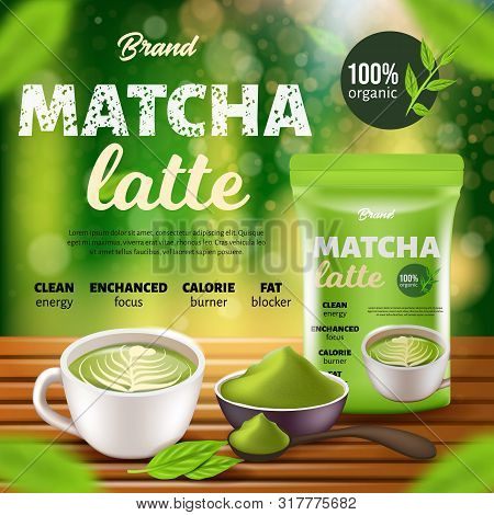 Matcha Latte Coffee Promo Banner, Paper Or Foil Sachet Pouch Doy Pack, Cup With Drink On Wooden Tabl