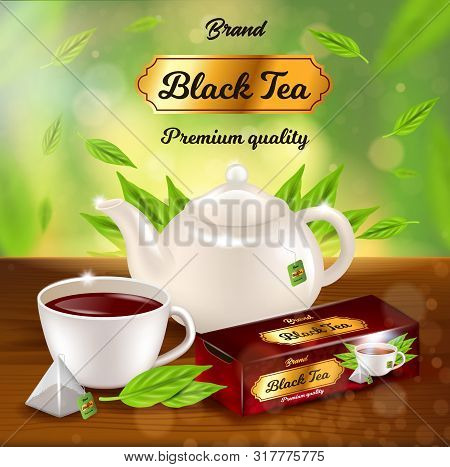 Black Tea Advertising Banner, Porcelain Pot, Cup With Dark Beverage, Paper Package Design On Wooden 