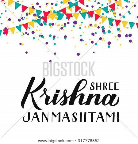 Shree Krishna Janmashtami  Hand Lettering Isolated On White. Traditional Hindu Festival Vector Illus