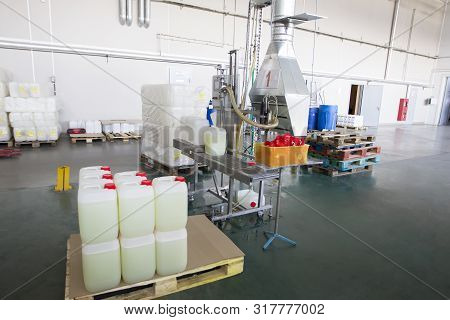 Belarus, The City Of Mensk, April 12, 2019. Chemical Production.plastic Packaging Packaging Conveyor