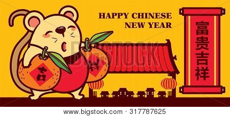 Cartoon Cute Rat Carrying Big Mandarin Oranges Back To Hometown - Chinatown With Chinese Scroll. Tra