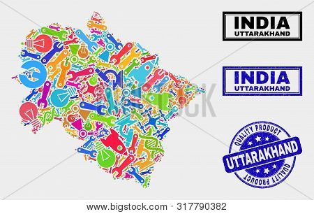 Vector Combination Of Tools Uttarakhand State Map And Blue Seal For Quality Product. Uttarakhand Sta