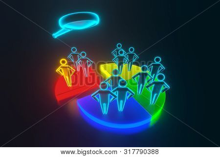 Businesspeople Analyzing Market Segment Using Magnifying Glass. Different Groups Of 3d Men Occupy Di