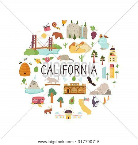 Abstract Print Design With Symbols Of California