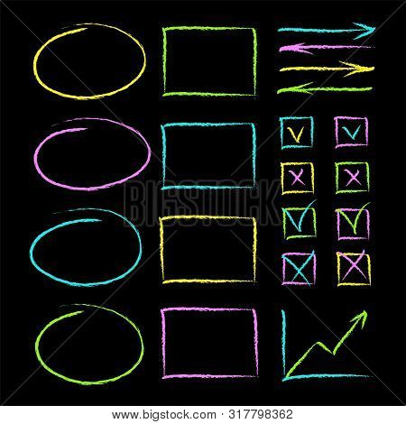 Set Of Chalk Style Hand Drawn Elements. Realistic Colorful Chalked Lines Circle, Oval And Square, Ar