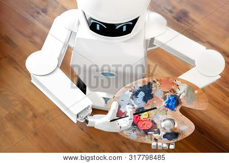 Robot Ai Artificial Intelligence Is Learning Creativity By Using A Painter Palette, Doing A Artwork,