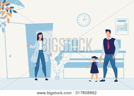 Father With Daughter Came To Pediatrician Cartoon. Friendly Doctor Greeting Parent With Child. Consu