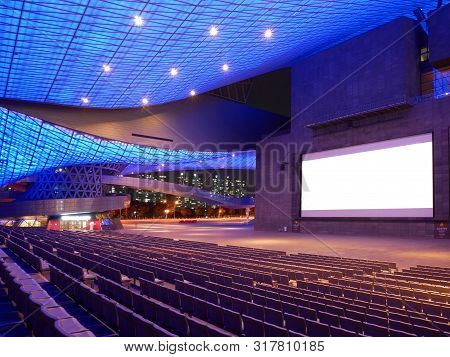 Busan, South Korea - 1 April, 2019: Movie Theater With Empty Seats And Blank Screen At Busan Cinema 