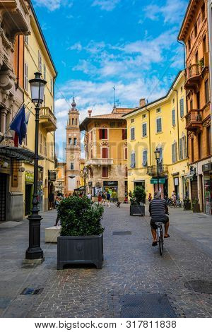 Ferrara, Italy - July,  , 2019: bycicle on a strett of Ferrara , Italy