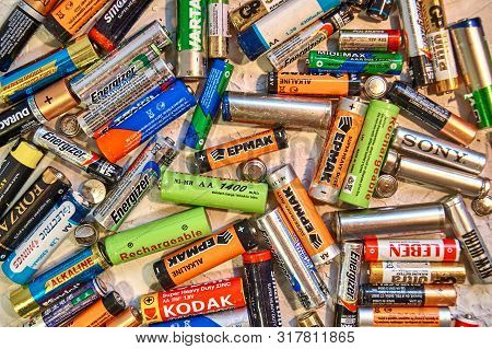 Pervouralsk, Russia - August, 2019 Used Batteries From Different Manufacturers, Waste, Collection An