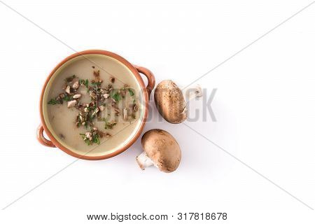 Homemade Mushroom Soup Isolated On White Background.top View. Copy Space