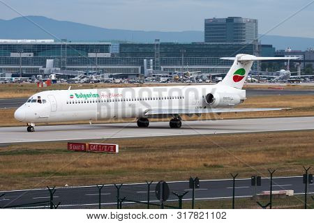 Frankfurt / Germany - August 18, 2013: Bulgarian Air Charter Md-82 Passenger Plane Taxiing At Frankf
