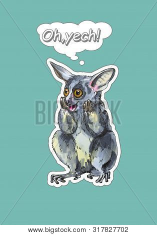 Funny Animal Galago Stickers On A Blue Background. Hand Painted Illustration