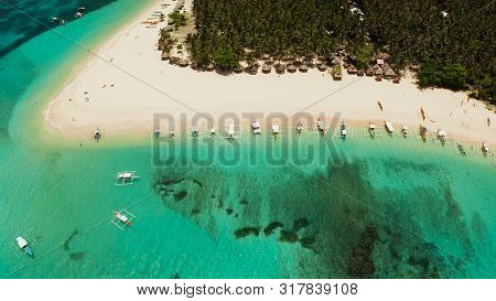 Seascape With Beautiful Beach And Tropical Island Palm Trees By Coral Reef From Above. Daco Island, 