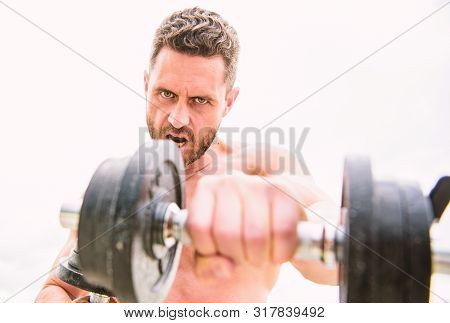 Sport Equipment. Perfect Six Pack. Muscular Man Exercising With Barbell. Athletic Body. Dumbbell Gym