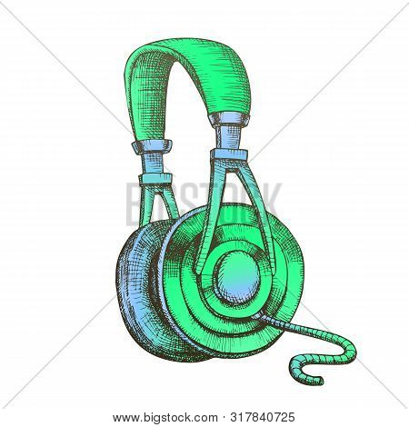 Color Listening Audio Device Cable Headphones Ink Vector. Electronic Gadget Headphones With Cord For