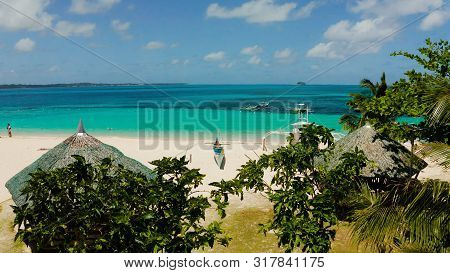 Tropical Island With Beautiful Beach, Palm Trees And Turquoise Water View From Above. Daco Island, P