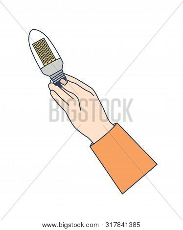 Hand Holding Led Lamp Or Light Bulb Isolated On White Background. Electrical Efficiency, Energy Savi