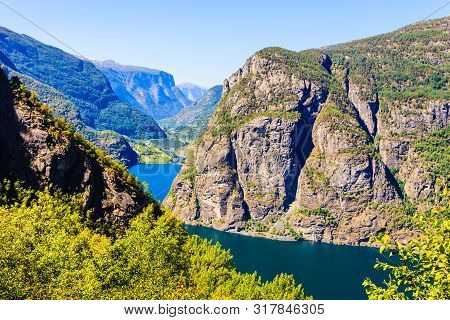 Lake Vassbygdevatnet Located In Aurland, Sogn Og Fjordane, Norway Landscape In Summer Time.