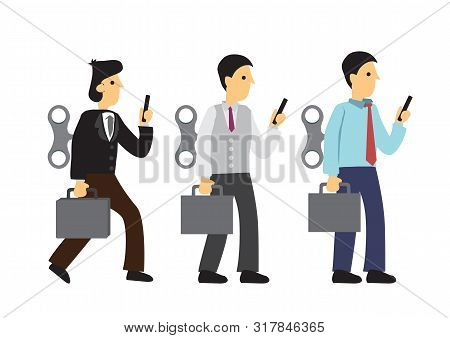 Businessmen With Winder In Their Back. Concept Of Technology Addiction, Bad Habit Or Robot Employee.
