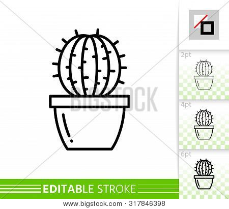 Cactus Ball Thin Line Icon. Succulent Banner In Flat Style. Houseplant Poster. Linear Pictogram. Sim