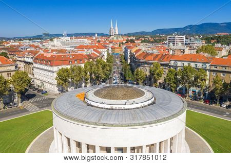 Zagreb, Capital Of Croatia, City Center Aerial View From Drone, Cathedral And Monumental Art Gallery