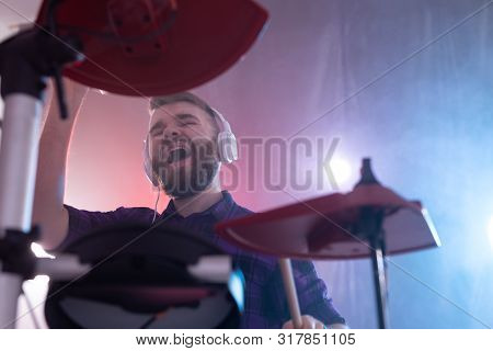 Drums, Music And People Concept - Emotional Man Playing On Elecronic Drums, Its His Hobby
