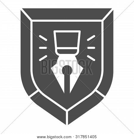 Fountain Pen In Shield Solid Icon. Copyright Protection Emblem Vector Illustration Isolated On White