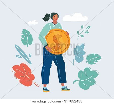 Vector Cartoon Illustration Of Happy Woman Embracing Big Coin. Symbol Of Money, Solary, Success.