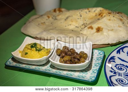 Turkish Mezze Plate With Bread And Hummus