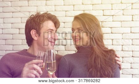 Happy Caucasian Couple Celebrate Early Christmas Morning